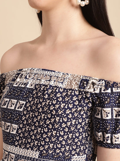 Jainish Women's WoNavy Blue Printed off-Shoulder Dress