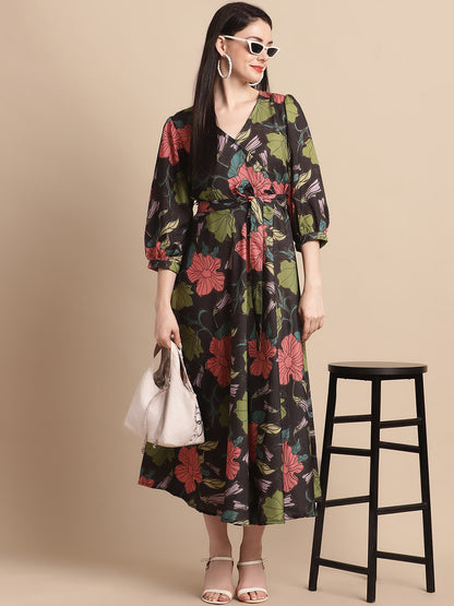 Jainish Women's WoBlack Floral Printed A-line Dress With Belt