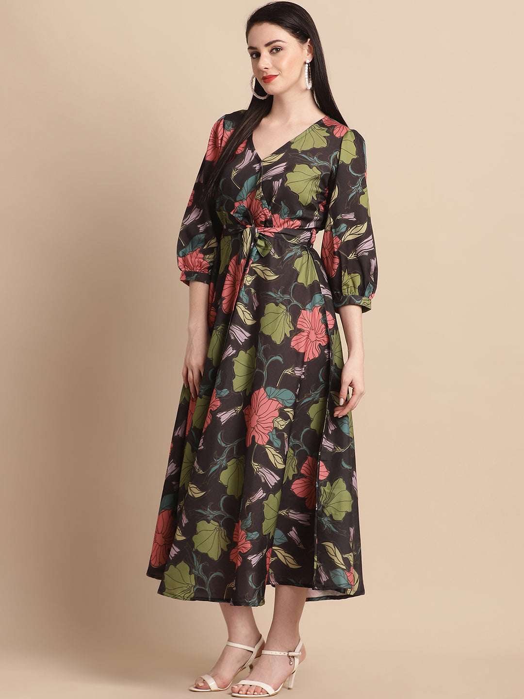 Jainish Women's WoBlack Floral Printed A-line Dress With Belt