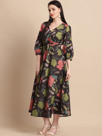 Jainish Women's WoBlack Floral Printed A-line Dress With Belt