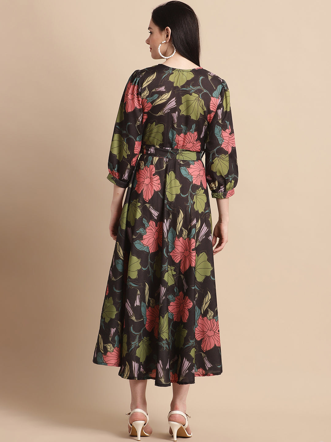 Jainish Women's WoBlack Floral Printed A-line Dress With Belt