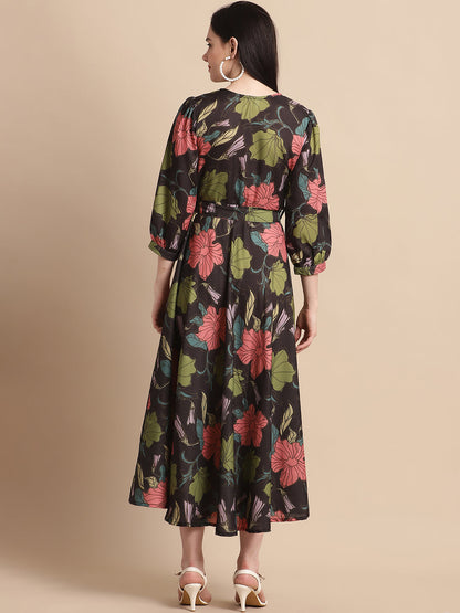 Jainish Women's WoBlack Floral Printed A-line Dress With Belt