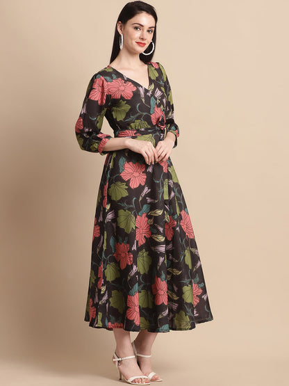 Jainish Women's WoBlack Floral Printed A-line Dress With Belt