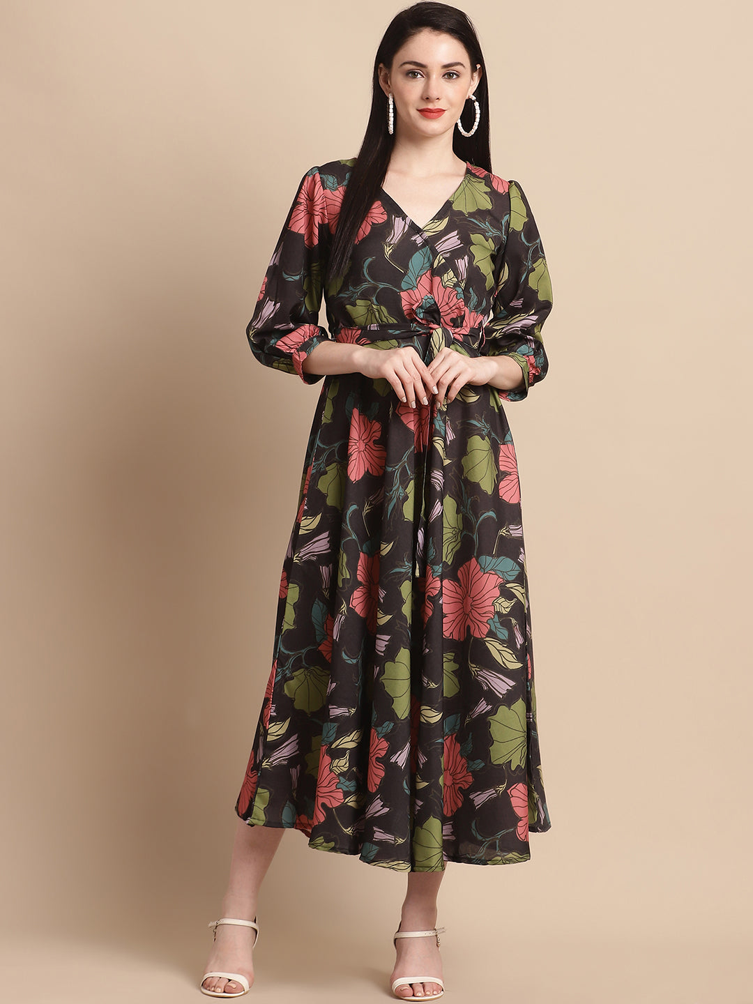 Jainish Women's WoBlack Floral Printed A-line Dress With Belt
