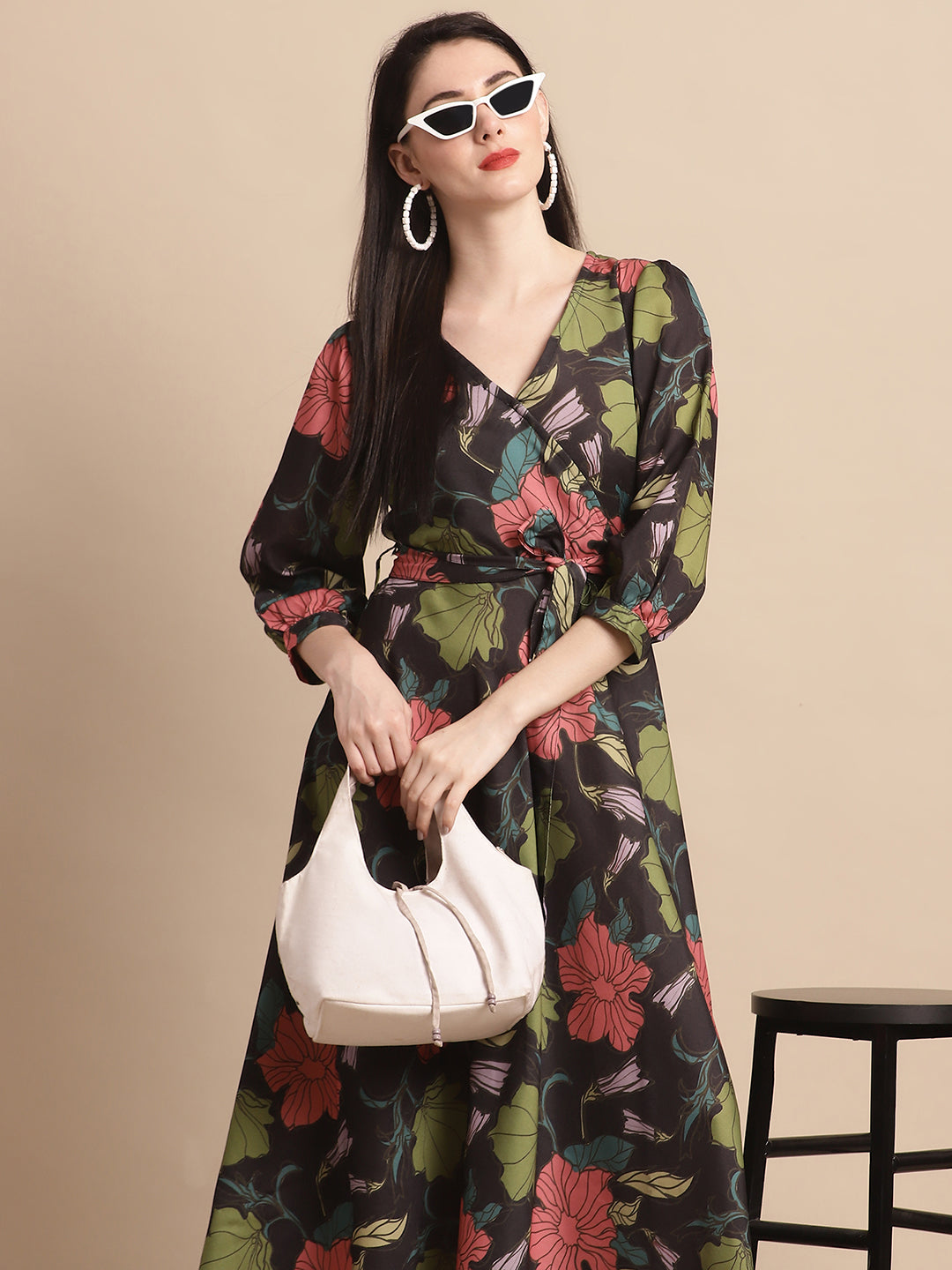 Jainish Women's WoBlack Floral Printed A-line Dress With Belt