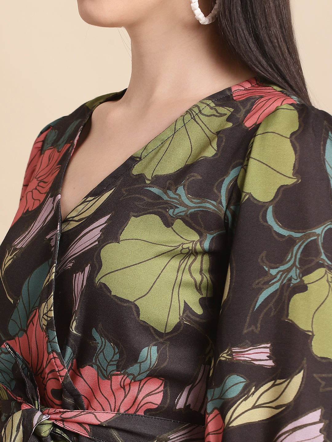 Jainish Women's WoBlack Floral Printed A-line Dress With Belt