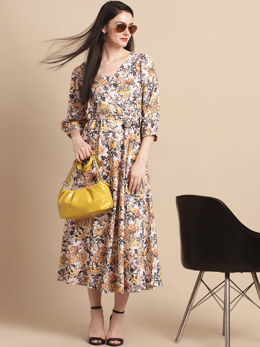 Jainish Women's WoOff-White Floral Printed A-line Dress With Belt