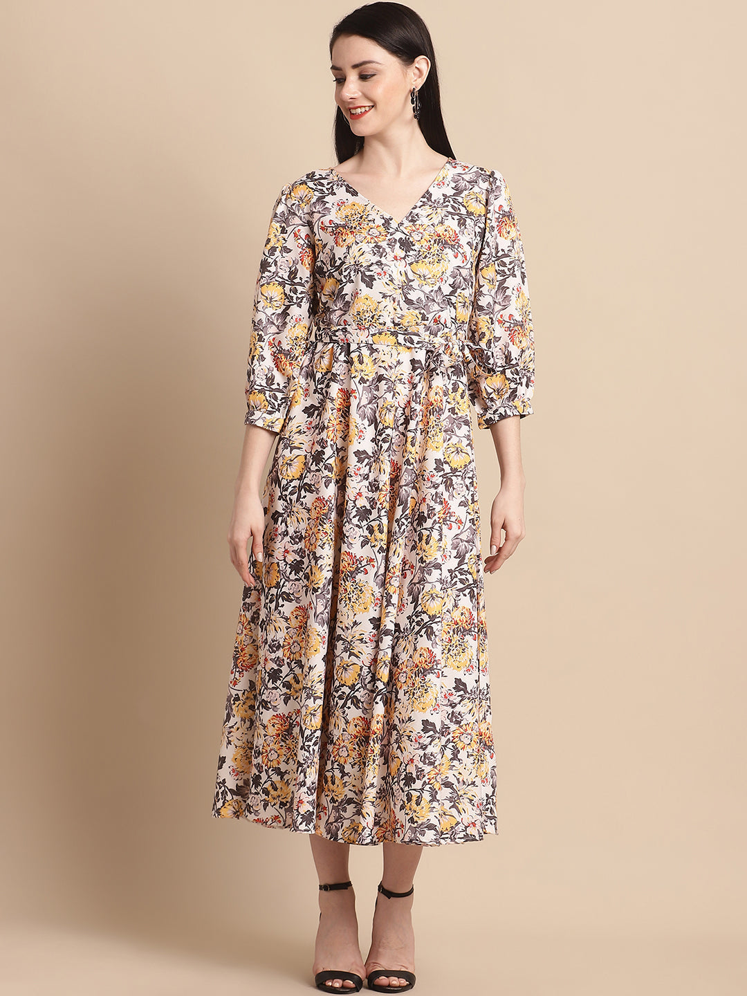 Jainish Women's WoOff-White Floral Printed A-line Dress With Belt
