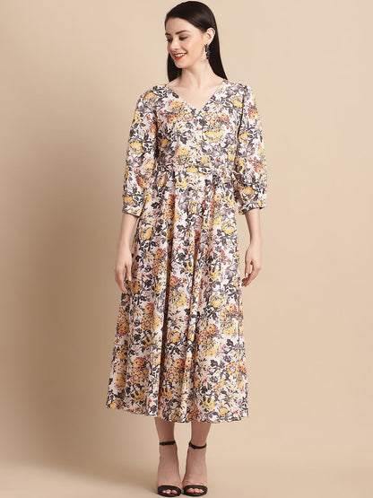 Jainish Women's WoOff-White Floral Printed A-line Dress With Belt