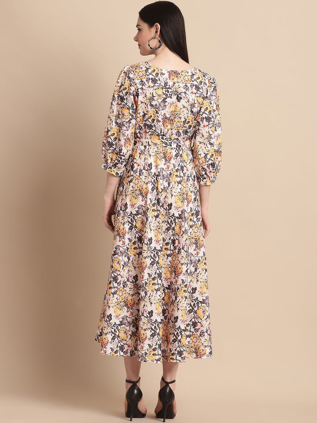 Jainish Women's WoOff-White Floral Printed A-line Dress With Belt