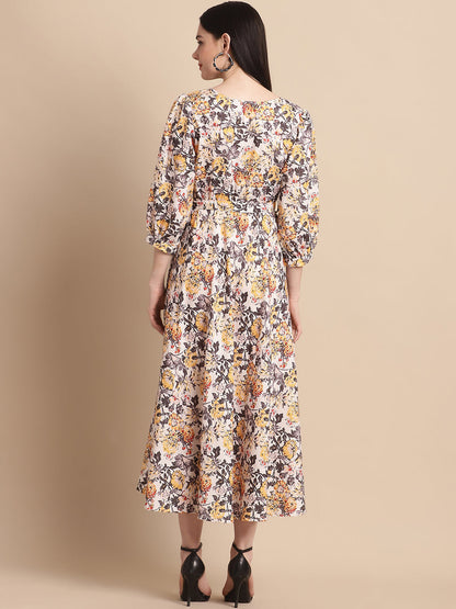 Jainish Women's WoOff-White Floral Printed A-line Dress With Belt