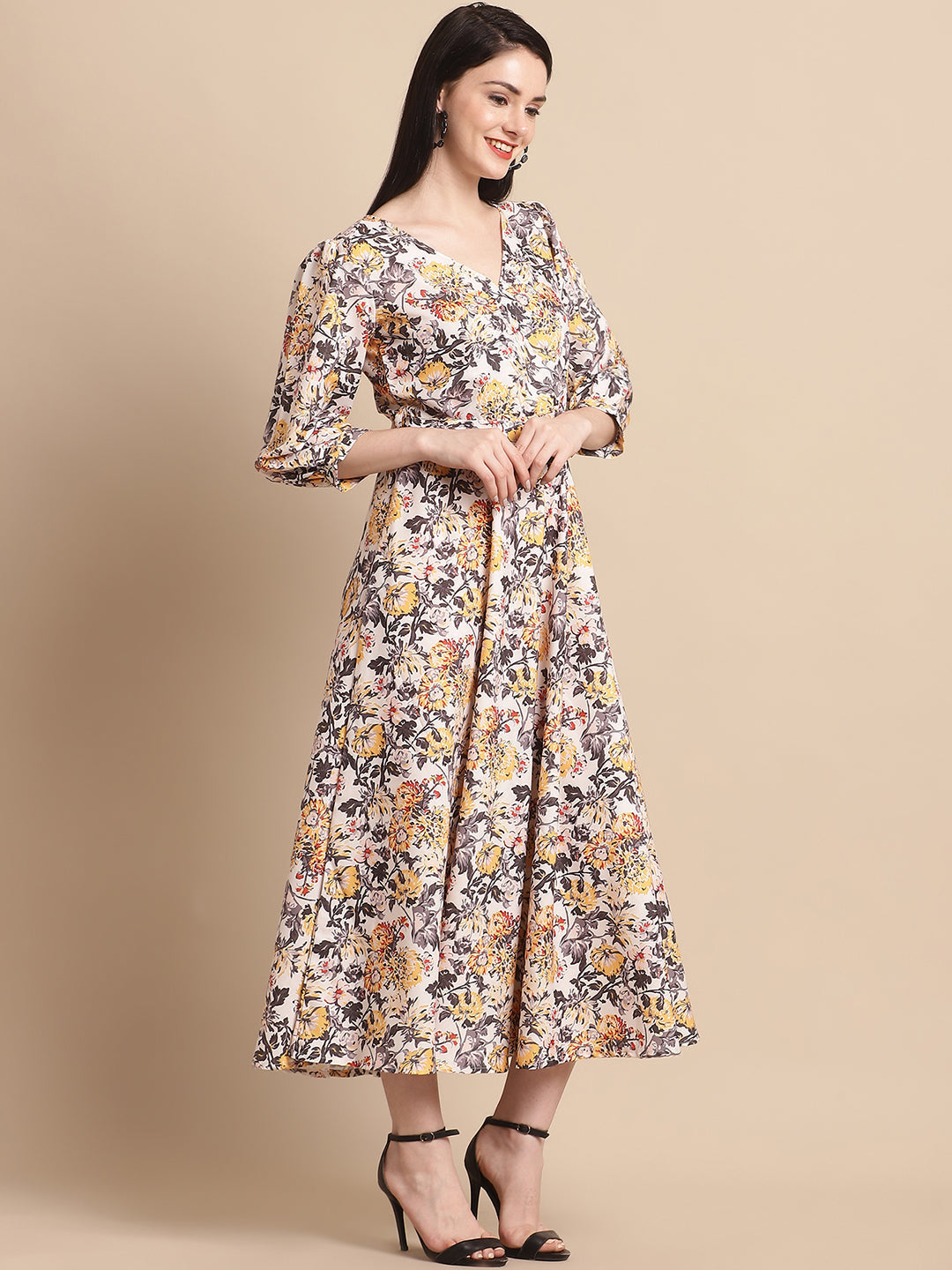 Jainish Women's WoOff-White Floral Printed A-line Dress With Belt