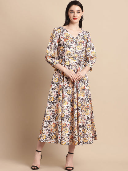 Jainish Women's WoOff-White Floral Printed A-line Dress With Belt