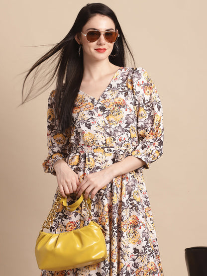 Jainish Women's WoOff-White Floral Printed A-line Dress With Belt