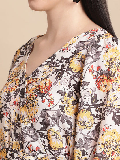 Jainish Women's WoOff-White Floral Printed A-line Dress With Belt