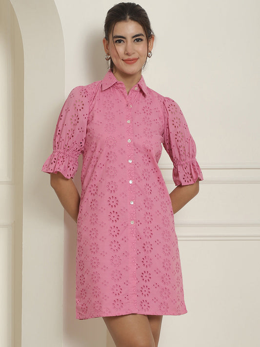 Indian Needle Women's Embroidered Cotton Dress - Pink