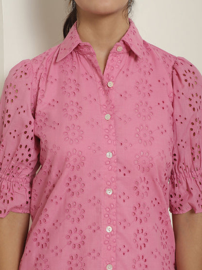 Indian Needle Women's Embroidered Cotton Dress - Pink