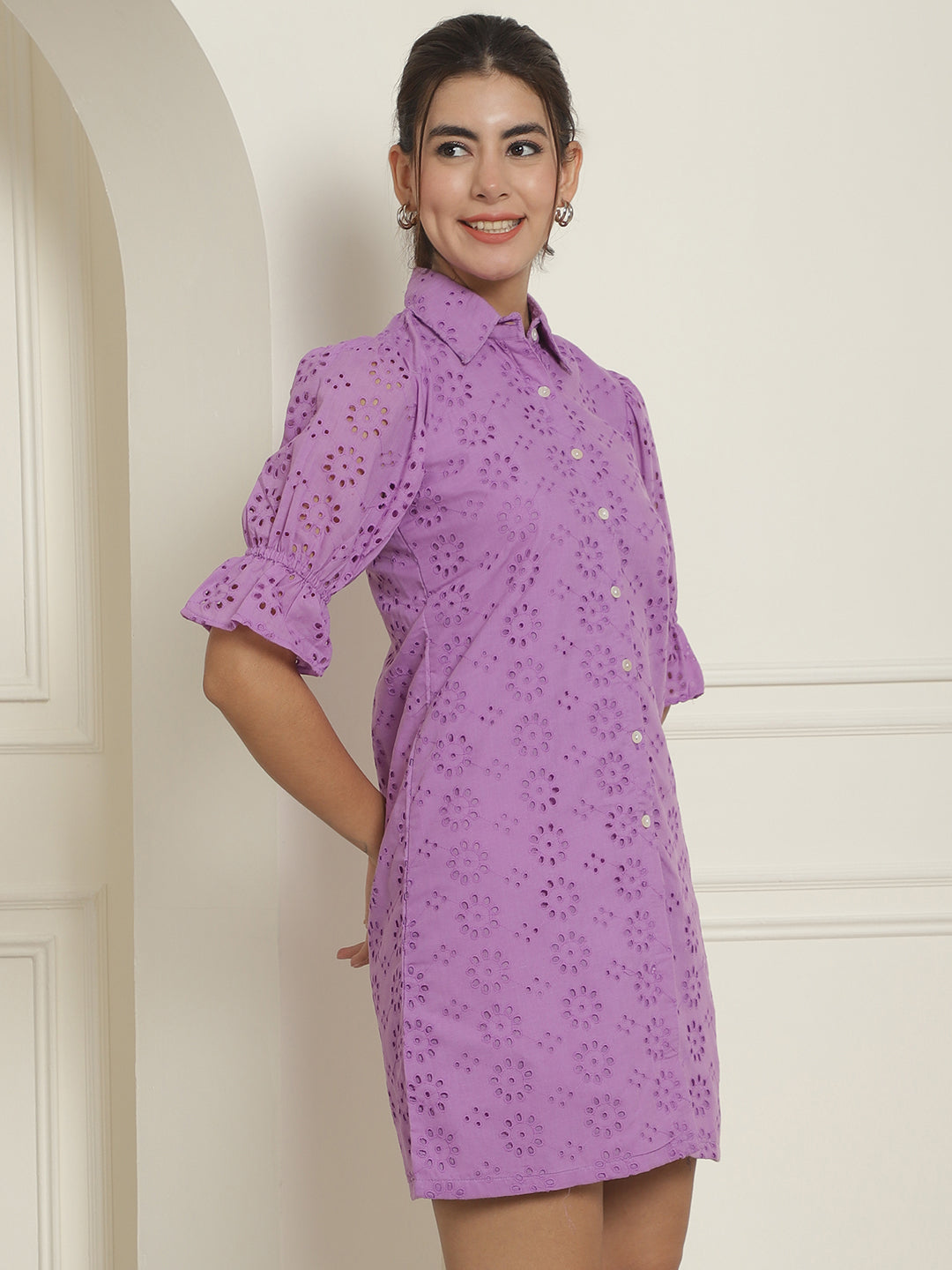 Indian Needle Women's Embroidered Cotton Dress - Purple