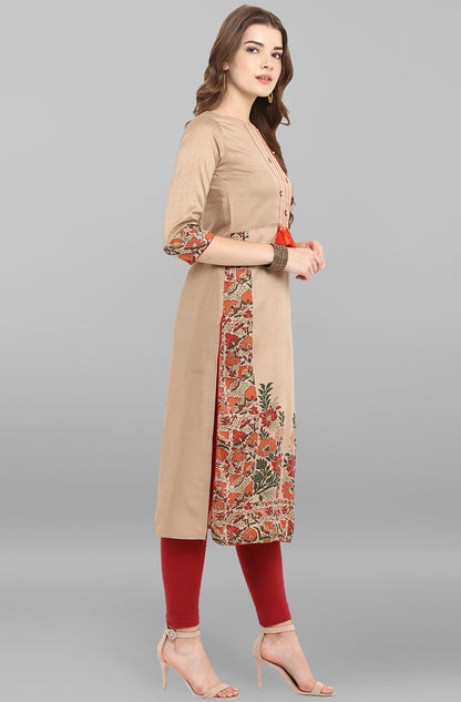 Janasya Women's Light Brown Poly Silk Floral Printed Casual Straight kurta