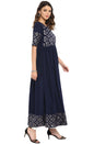 Janasya Dark Blue Poly Crepe Foil Print Flared kurta