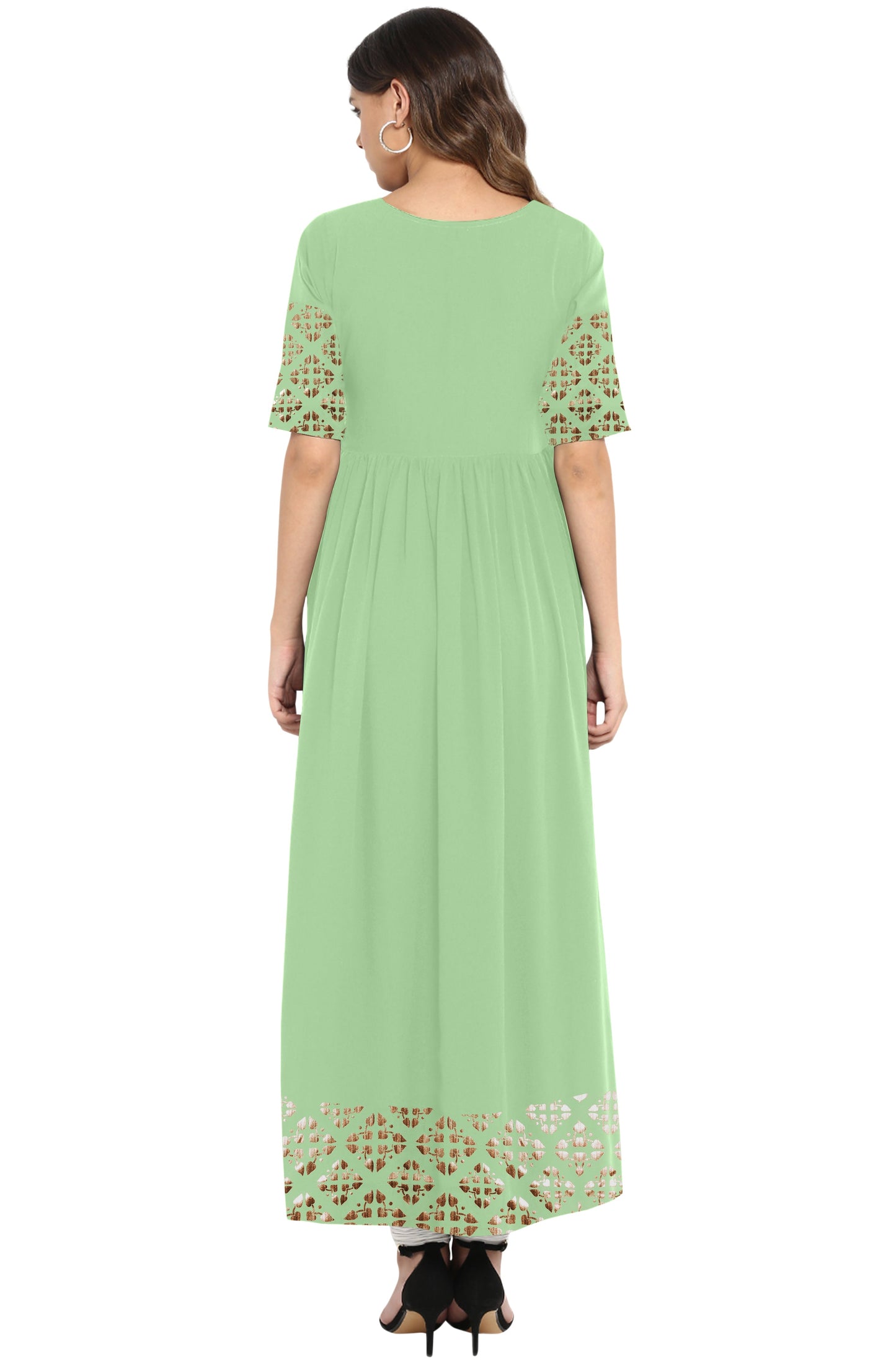 Janasya Light Green Poly Crepe Gold Print Flared kurta