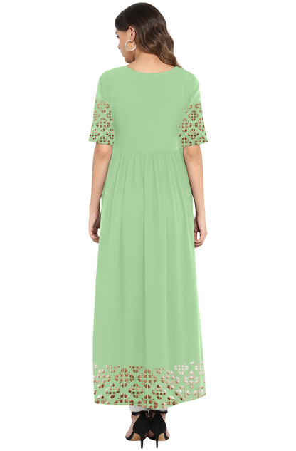 Janasya Light Green Poly Crepe Gold Print Flared kurta