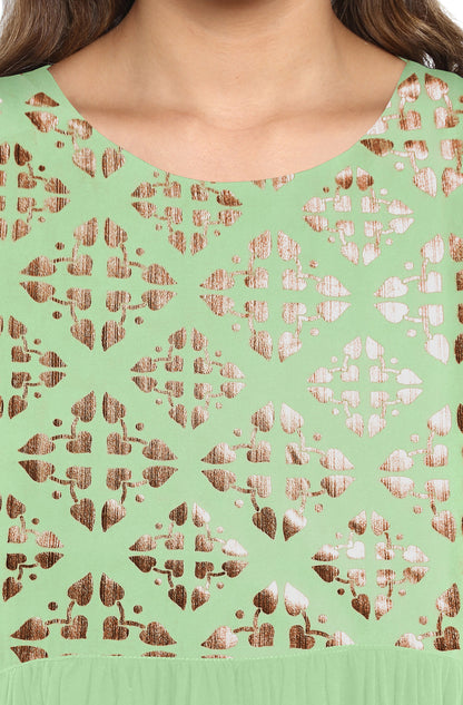 Janasya Light Green Poly Crepe Gold Print Flared kurta