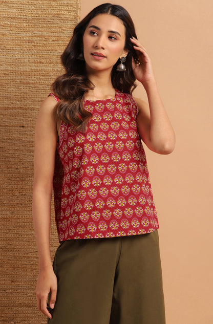 Janasya Women's Red Cotton Floral Print Regular Top