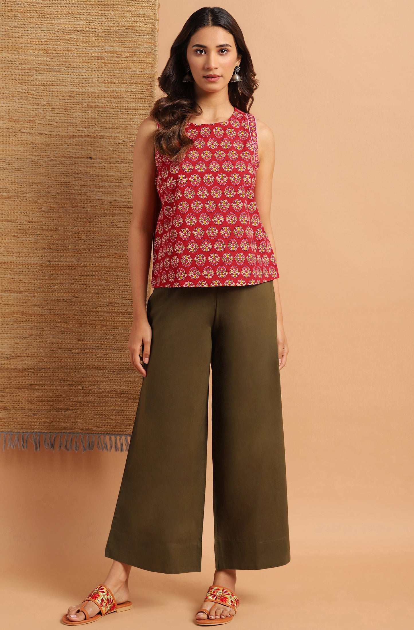 Janasya Women's Red Cotton Floral Print Regular Top