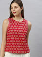 Janasya Women's Red Cotton Floral Print Regular Top