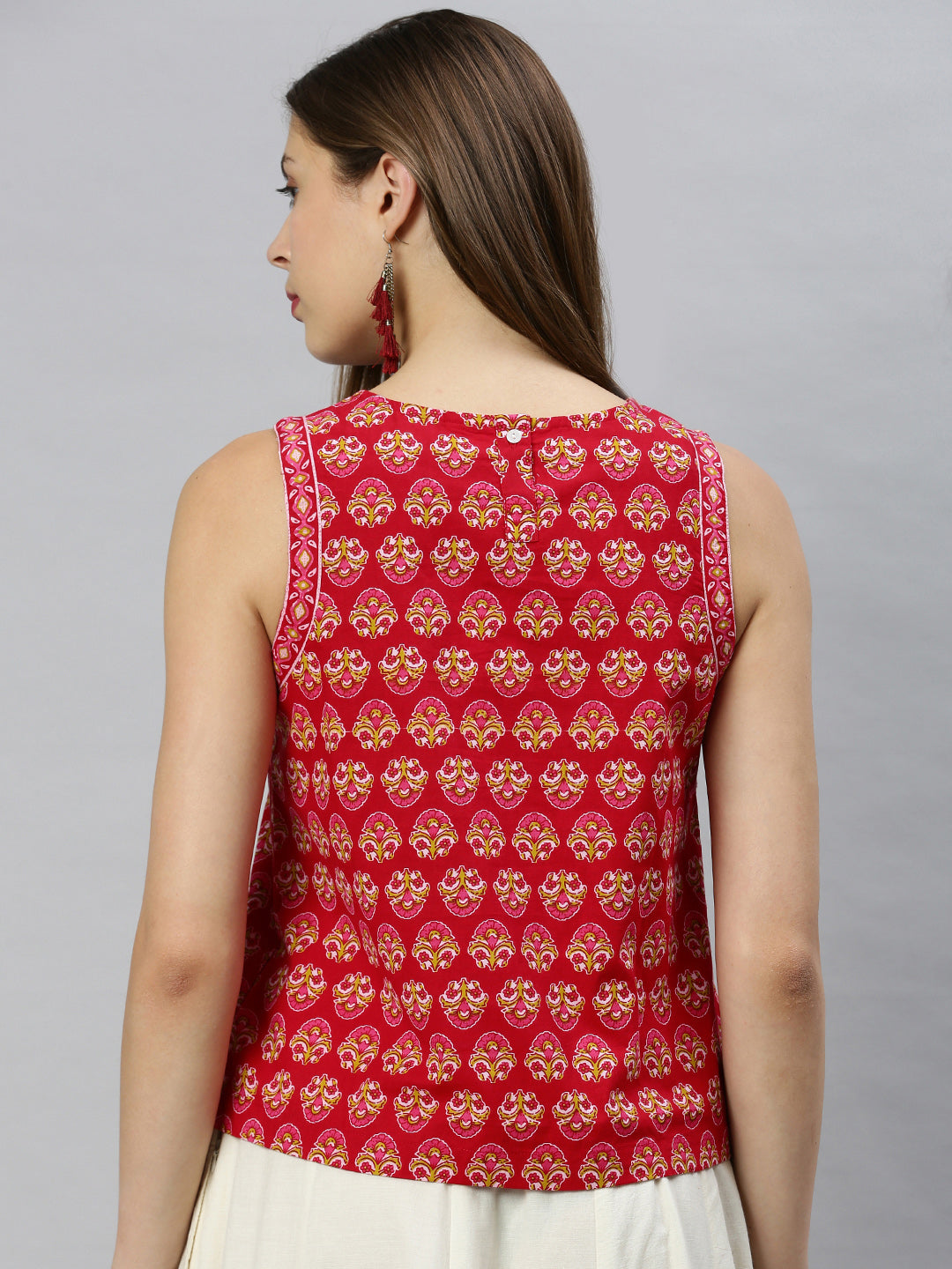 Janasya Women's Red Cotton Floral Print Regular Top