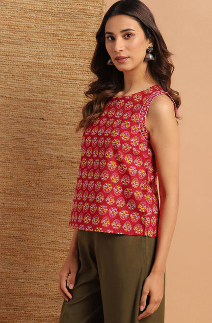 Janasya Women's Red Cotton Floral Print Regular Top