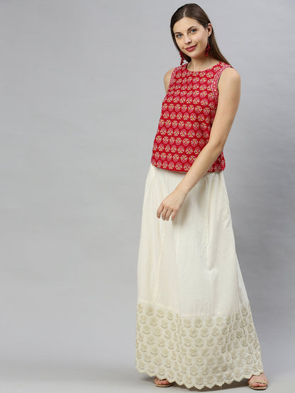 Janasya Women's Red Cotton Floral Print Regular Top
