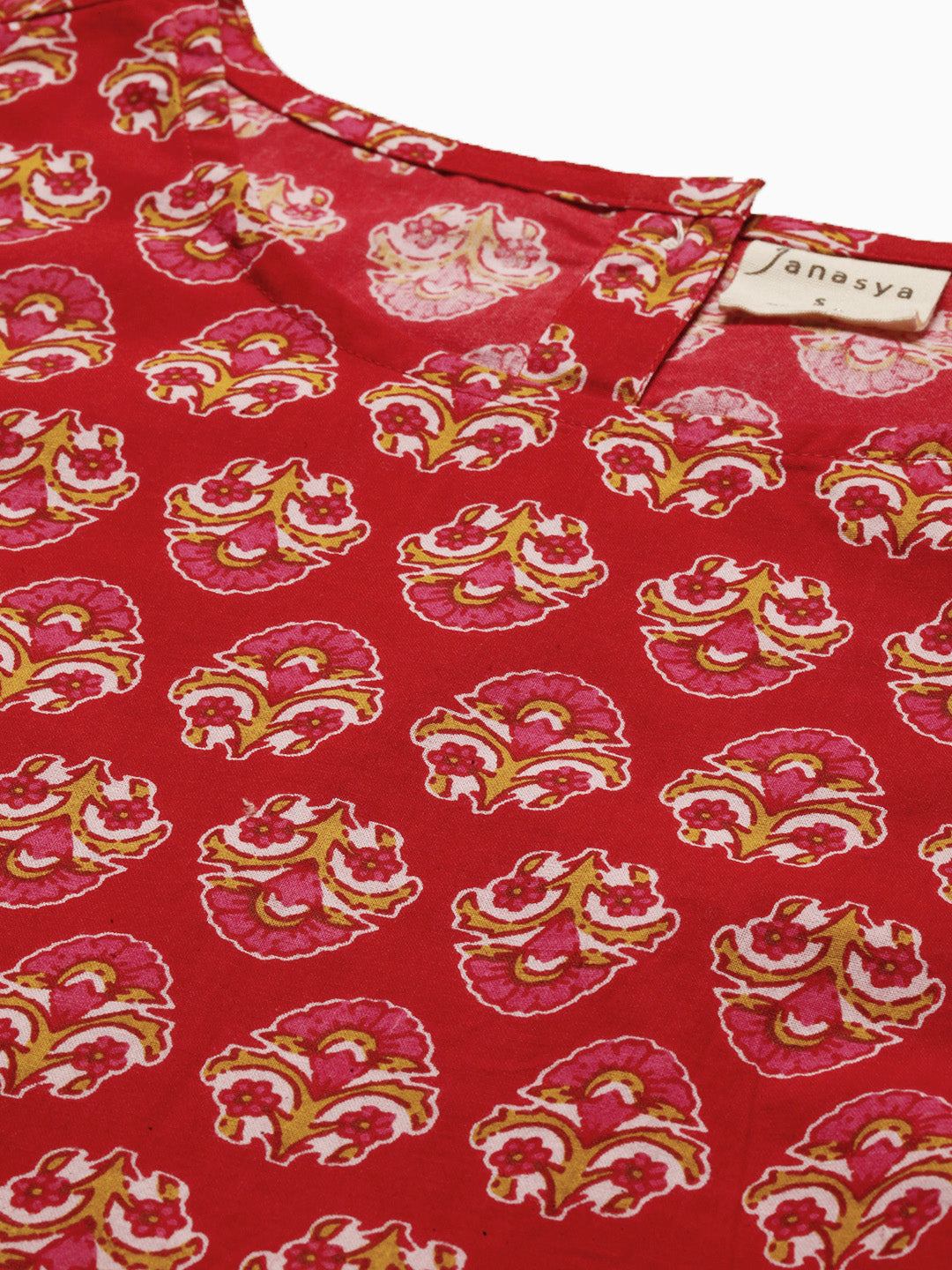Janasya Women's Red Cotton Floral Print Regular Top