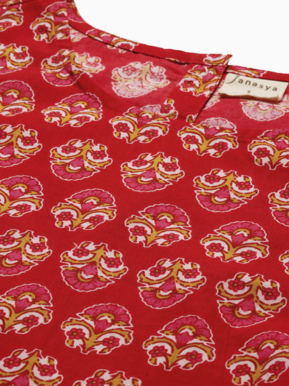 Janasya Women's Red Cotton Floral Print Regular Top