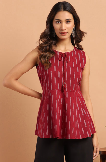 Janasya Women's Maroon Cotton Geometric Print Peplum Top