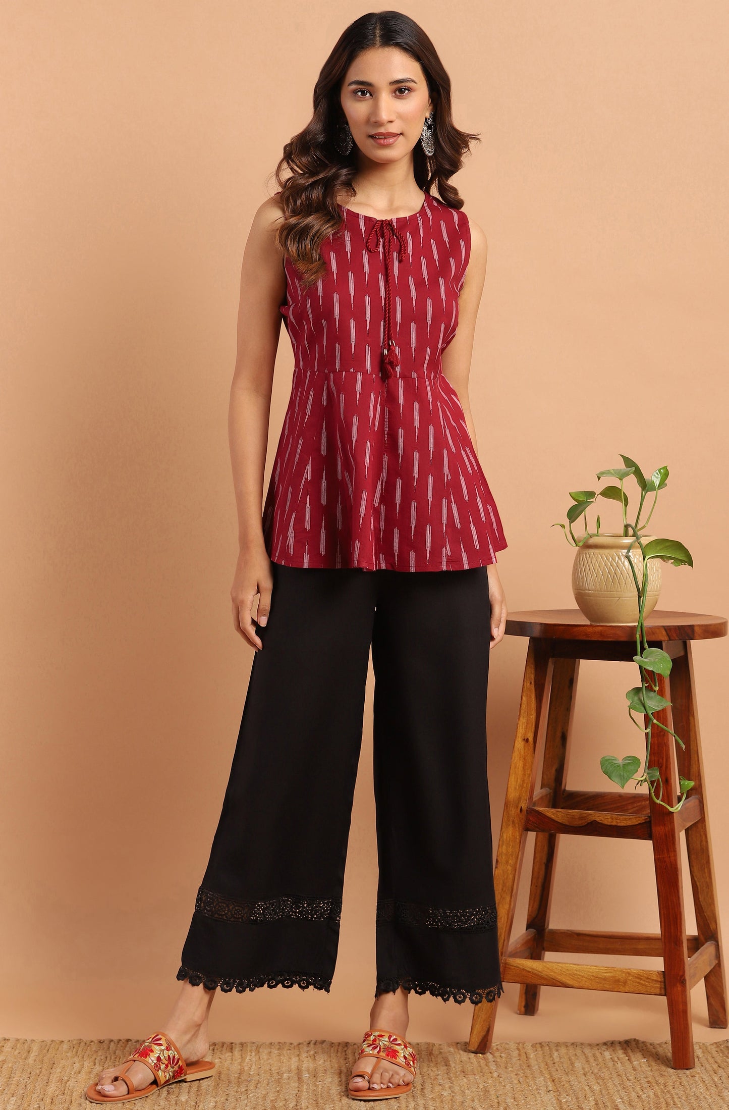 Janasya Women's Maroon Cotton Geometric Print Peplum Top