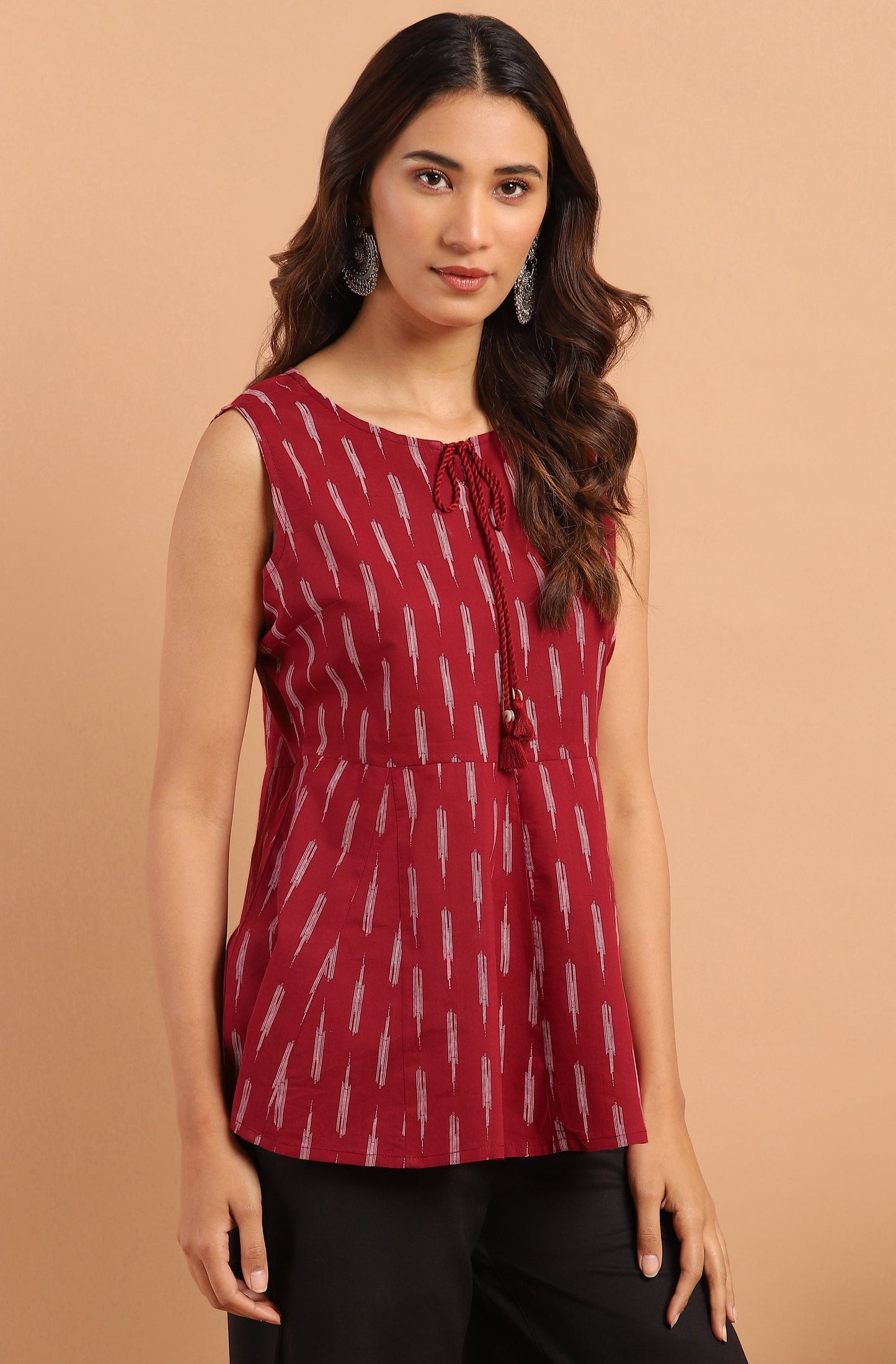 Janasya Women's Maroon Cotton Geometric Print Peplum Top