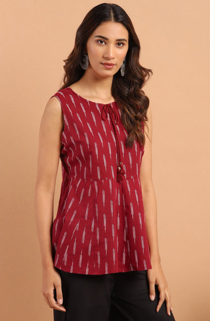 Janasya Women's Maroon Cotton Geometric Print Peplum Top