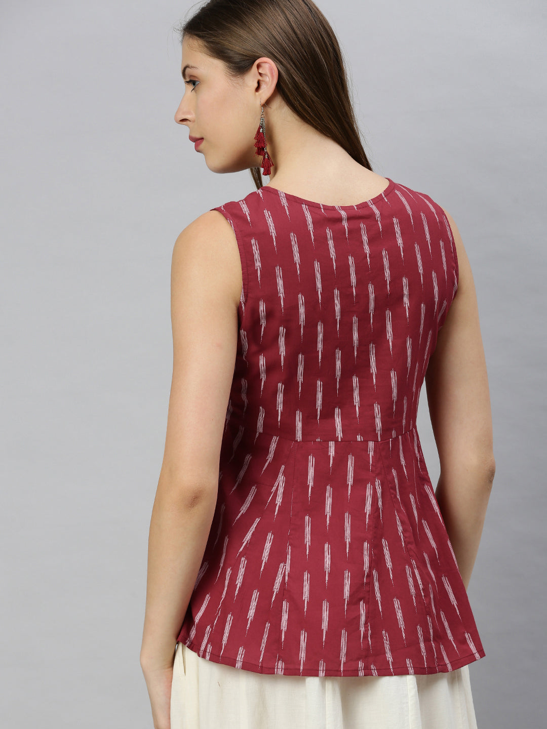 Janasya Women's Maroon Cotton Geometric Print Peplum Top