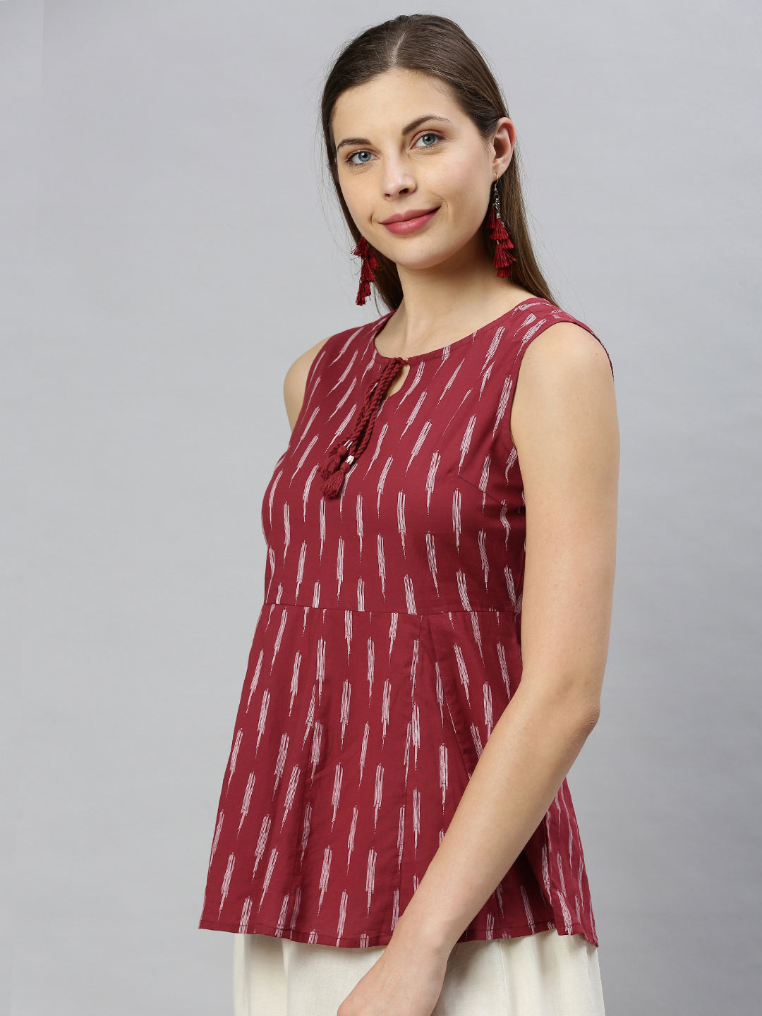 Janasya Women's Maroon Cotton Geometric Print Peplum Top