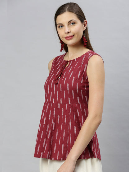 Janasya Women's Maroon Cotton Geometric Print Peplum Top