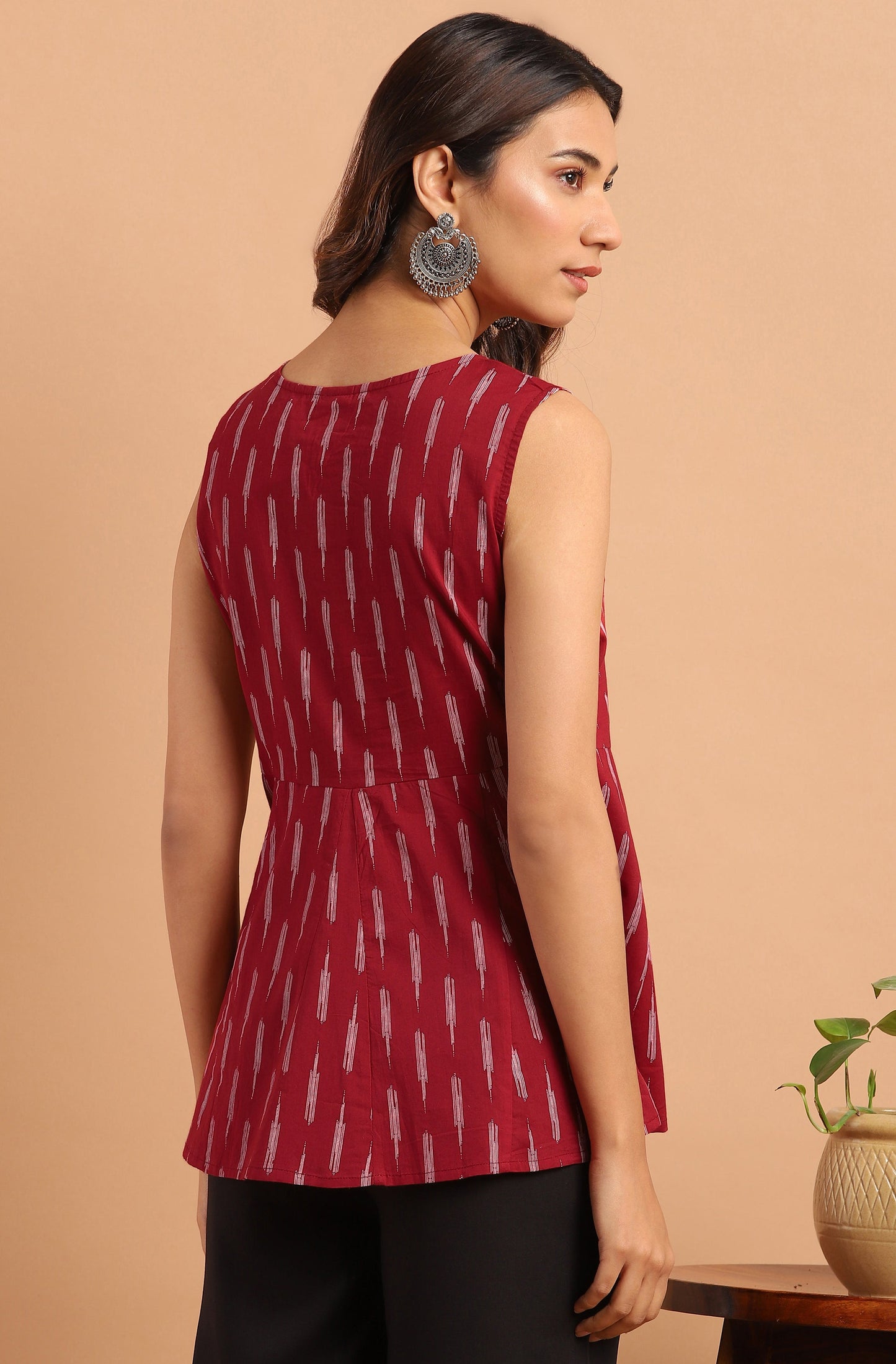 Janasya Women's Maroon Cotton Geometric Print Peplum Top