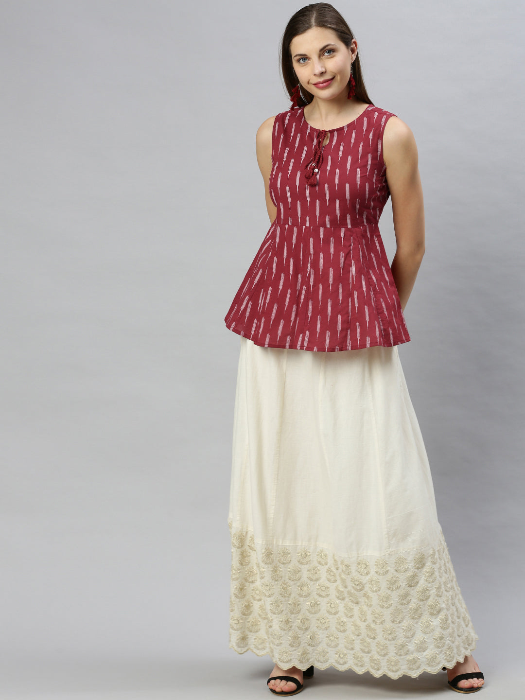 Janasya Women's Maroon Cotton Geometric Print Peplum Top