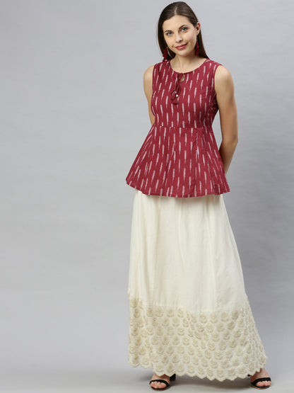Janasya Women's Maroon Cotton Geometric Print Peplum Top