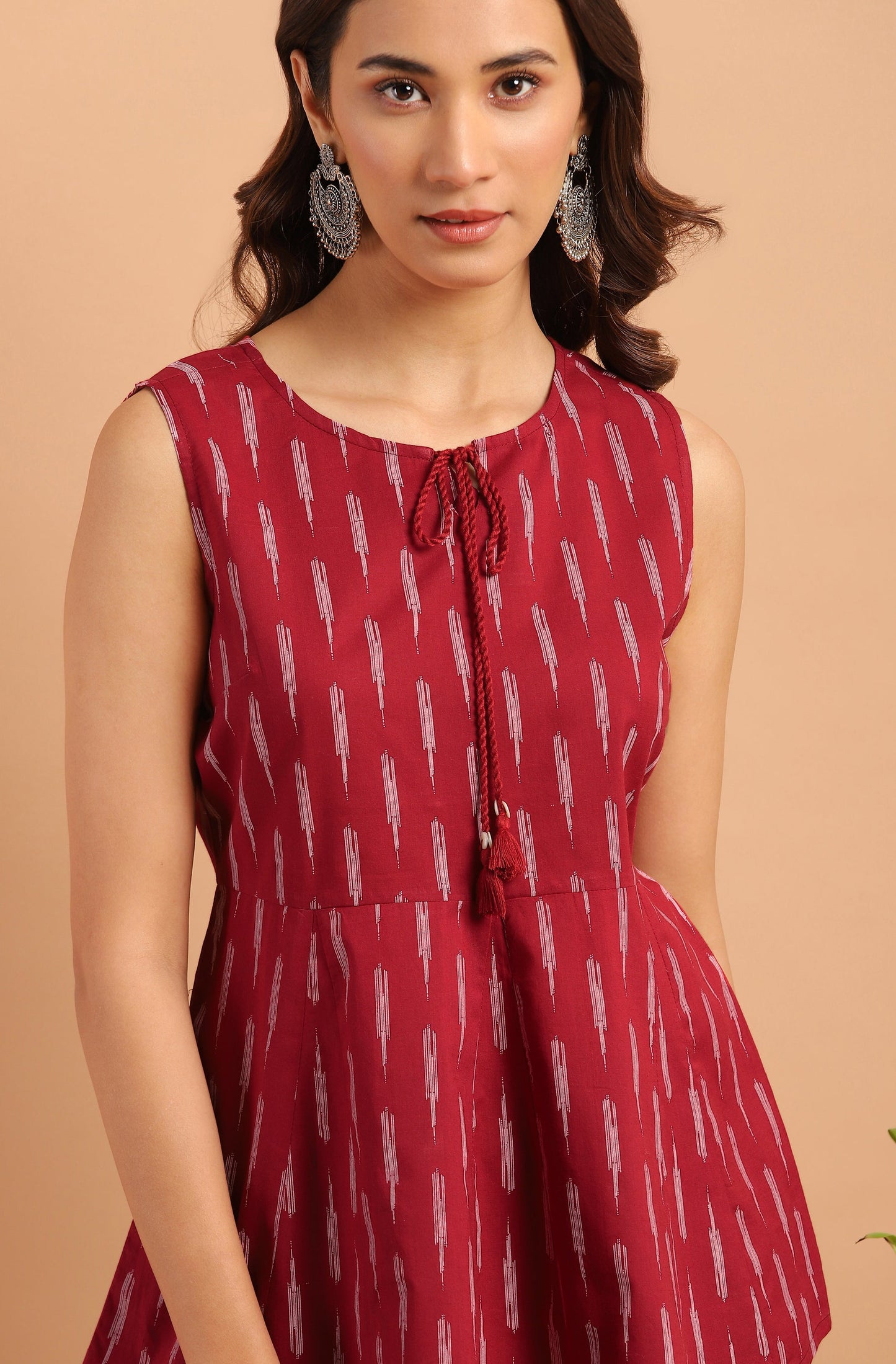 Janasya Women's Maroon Cotton Geometric Print Peplum Top