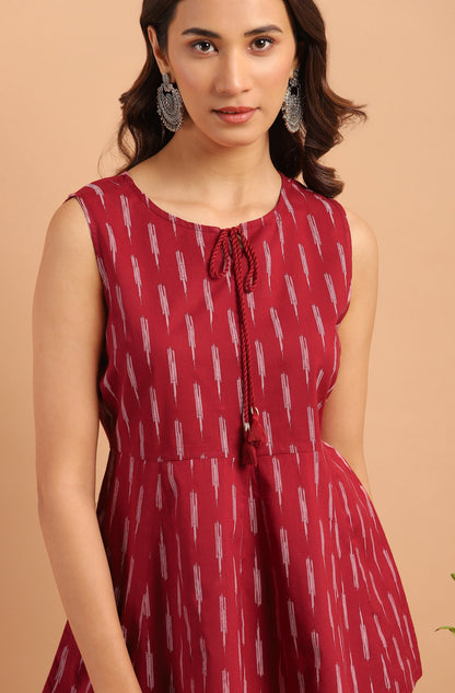 Janasya Women's Maroon Cotton Geometric Print Peplum Top