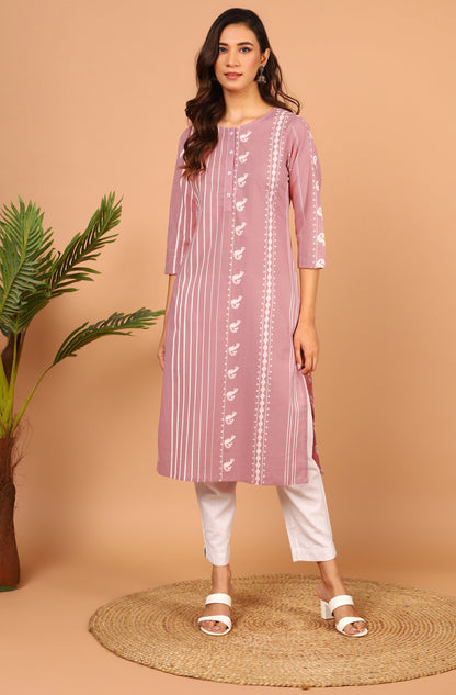 Janasya Pastel Pink Cotton Ethnic Motifs Straight kurta