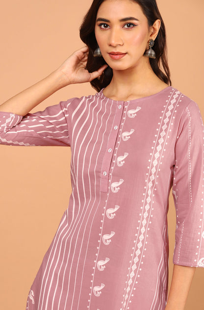 Janasya Pastel Pink Cotton Ethnic Motifs Straight kurta