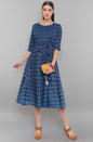 Janasya Blue Cotton Woven Design Flared Casual Dress